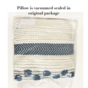 FORESIDE Hand Woven Aleks Pillow 18" x 18", NEW, Woven w/Tassels, Blue & Cream